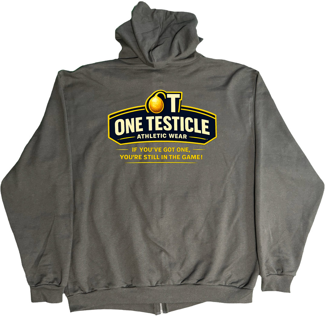 Front of Kback OT2 Half nuts graphic on a Zippered hoodie in Charcoal
