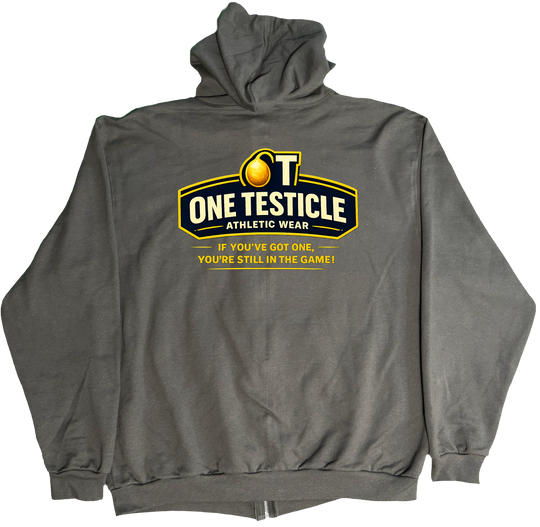 Front of Kback OT2 Half nuts graphic on a Zippered hoodie in Charcoal