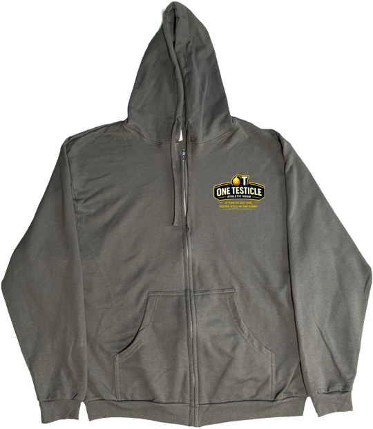 Front of Kback OT2 Half nuts graphic on a Zippered hoodie in Charcoal
