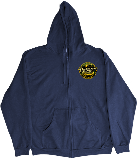 Front of Kback OT Half nuts graphic on a Zippered hoodie in Navy
