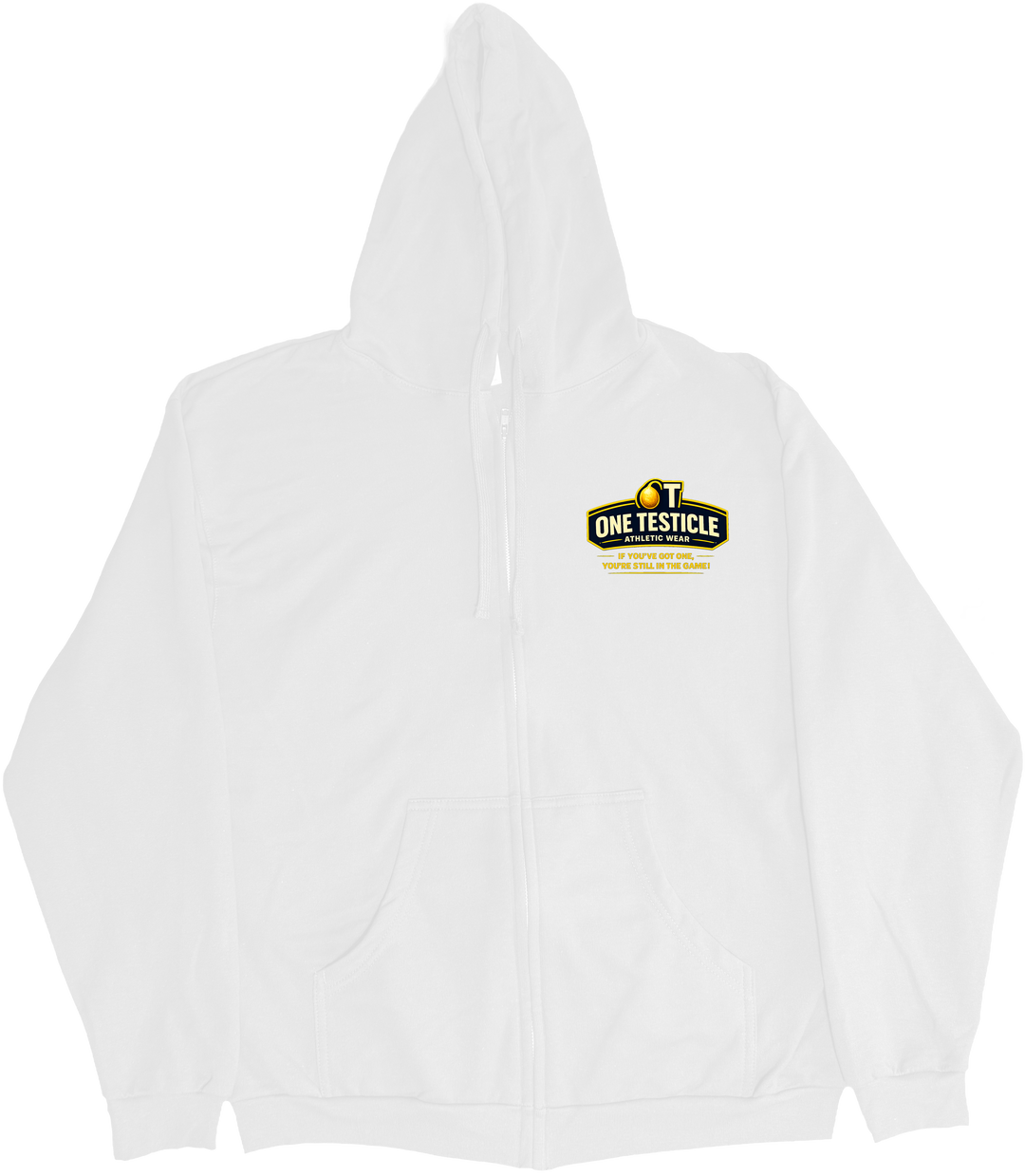 Front of Kback OT2 Half nuts graphic on a Zippered hoodie in White