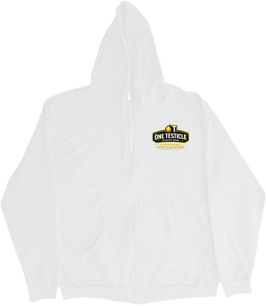 Front of Kback OT2 Half nuts graphic on a Zippered hoodie in White