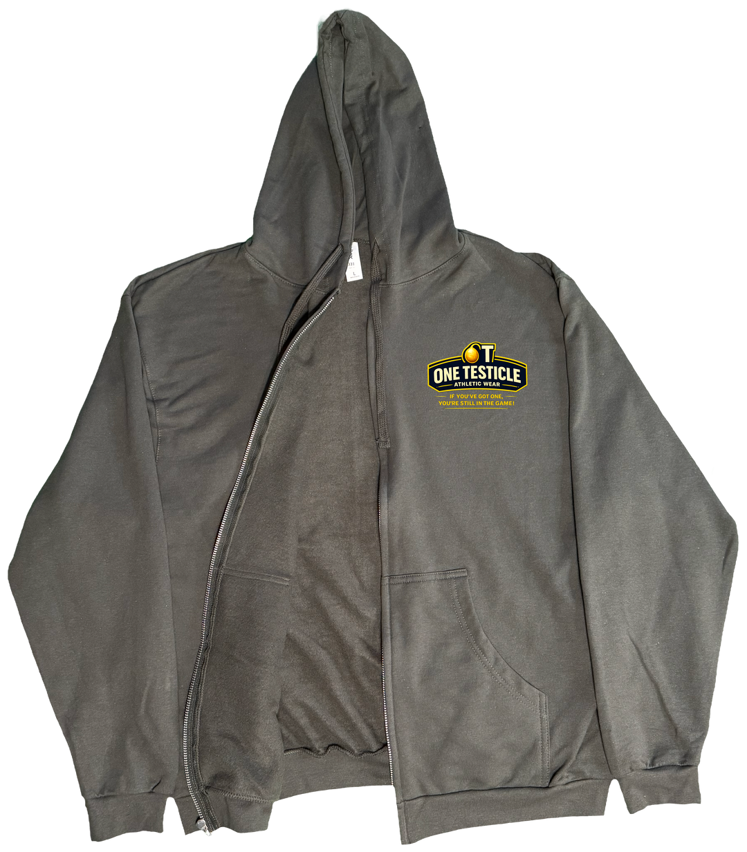 Front of Kback OT Half nuts graphic on a Zippered hoodie in Charcoal
