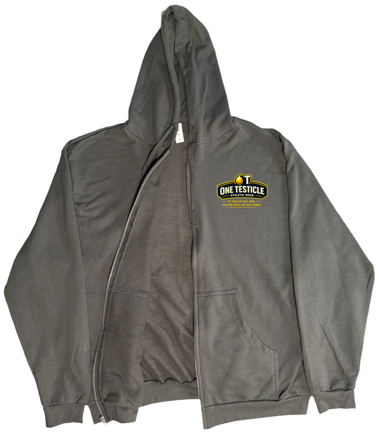 Front of Kback OT Half nuts graphic on a Zippered hoodie in Charcoal