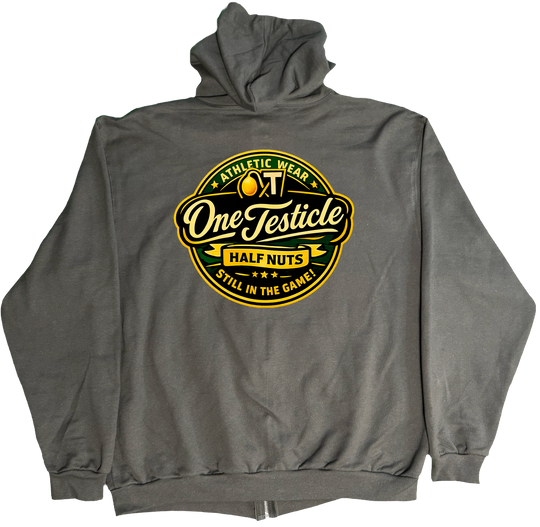 Back of Kback OT Half nuts graphic on a Zippered hoodie in Charcoal