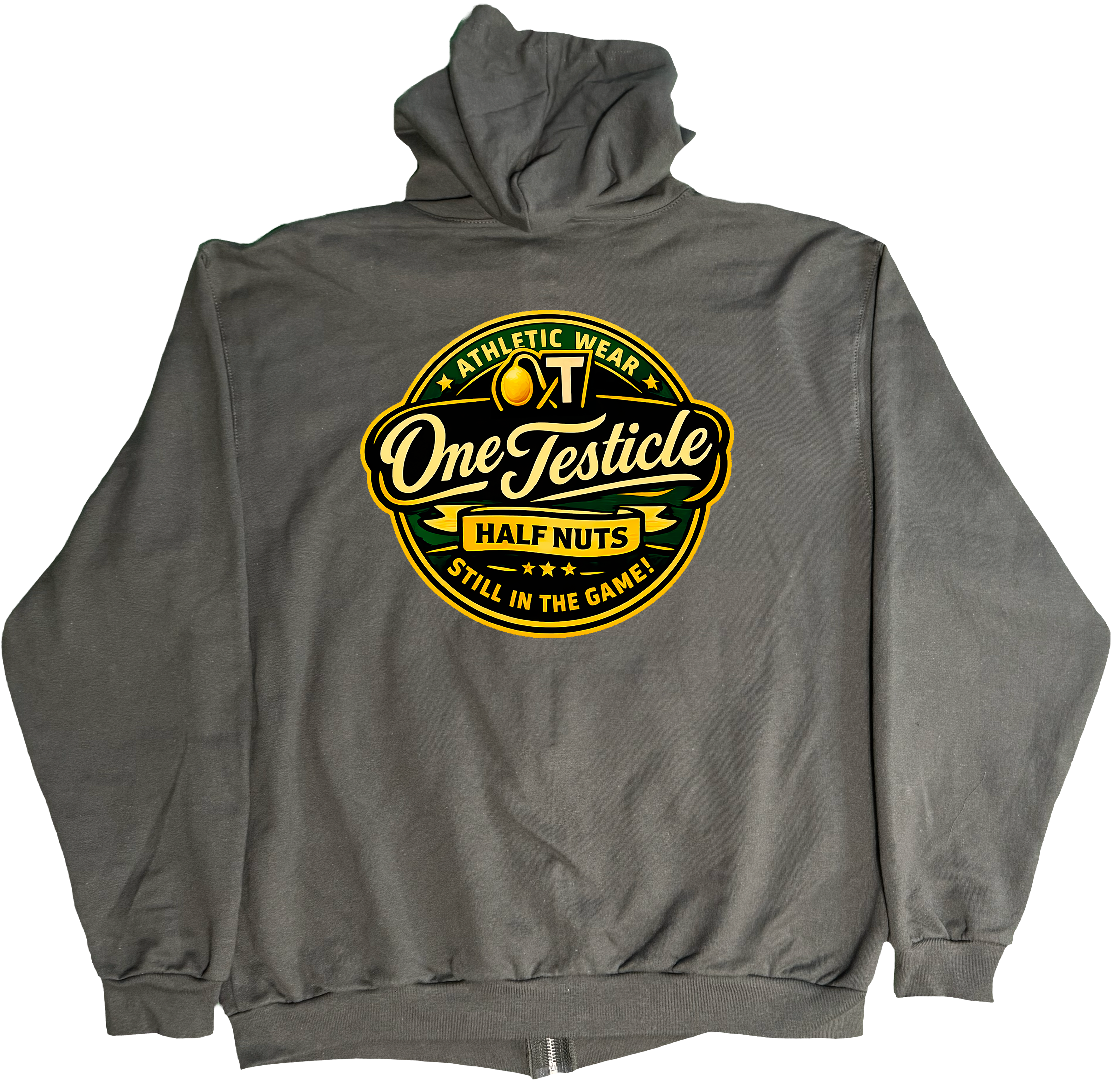Back of Kback OT Half nuts graphic on a Zippered hoodie in Charcoal