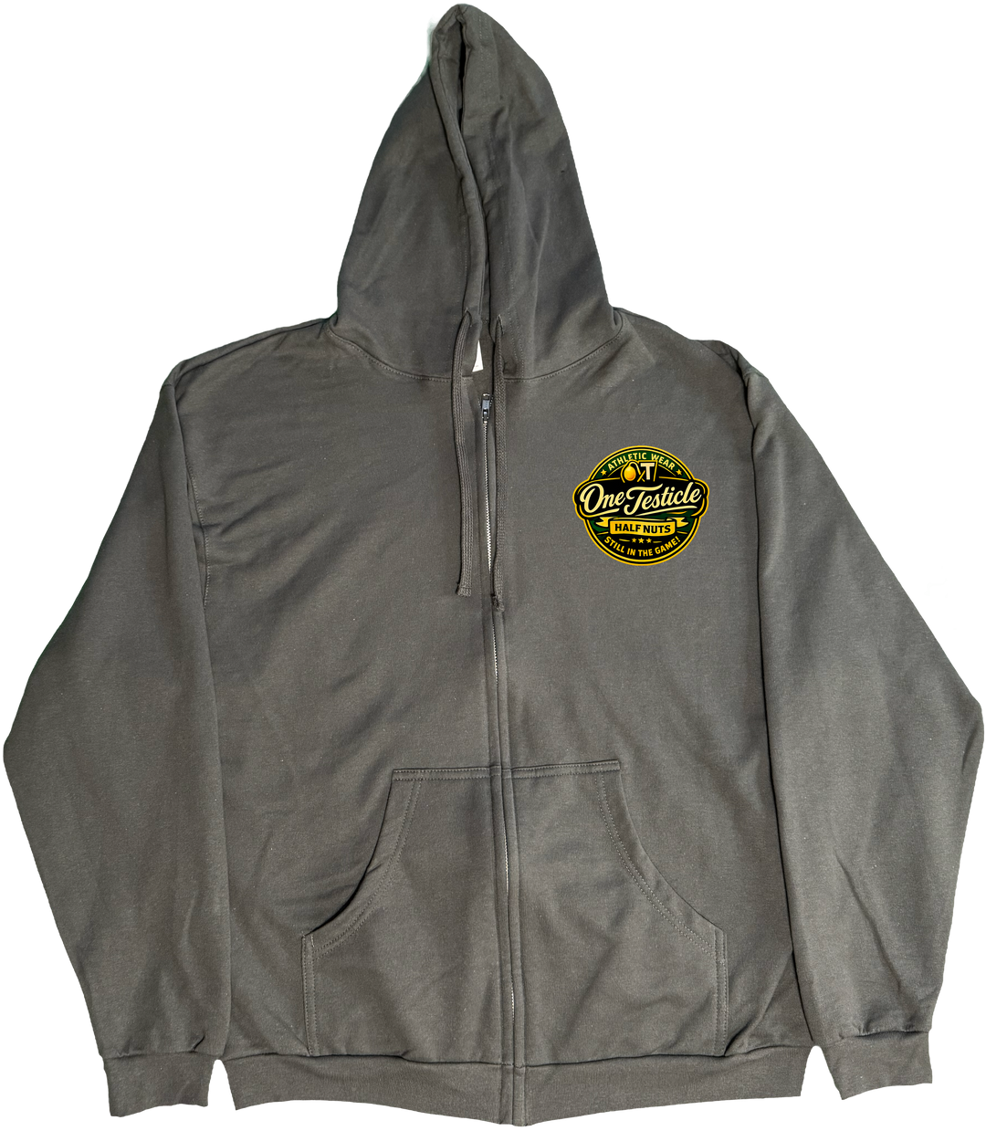 Front of Kback OT Half nuts graphic on a Zippered hoodie in Charcoal