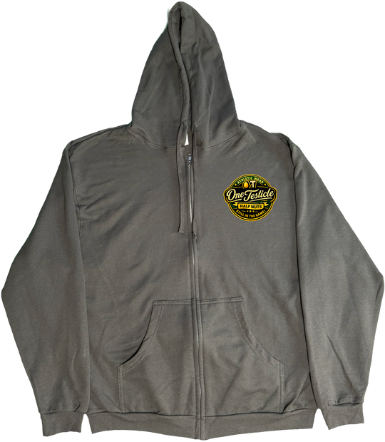 Front of Kback OT Half nuts graphic on a Zippered hoodie in Charcoal