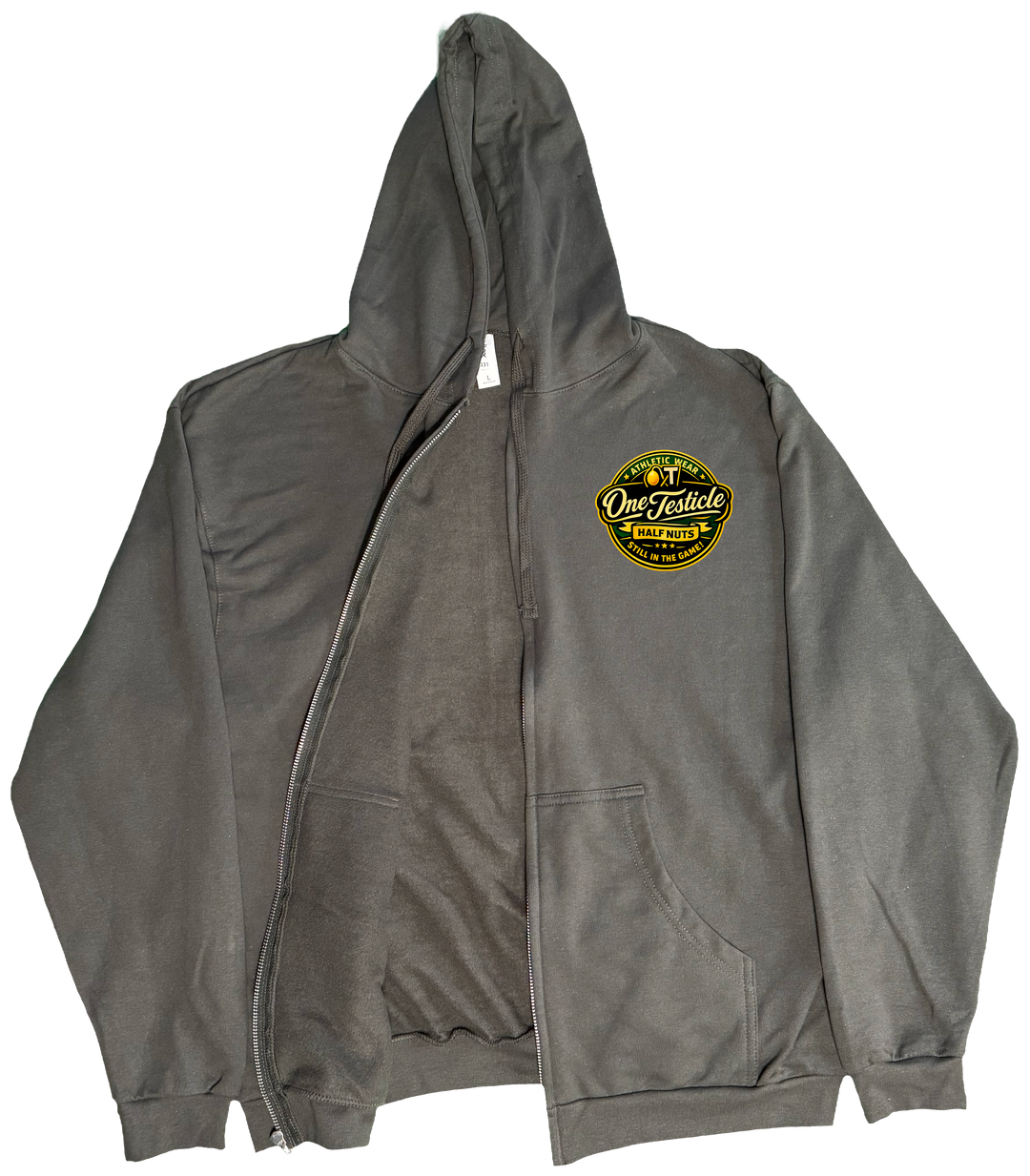 Front of Kback OT Half nuts graphic on a Zippered hoodie in Charcoal