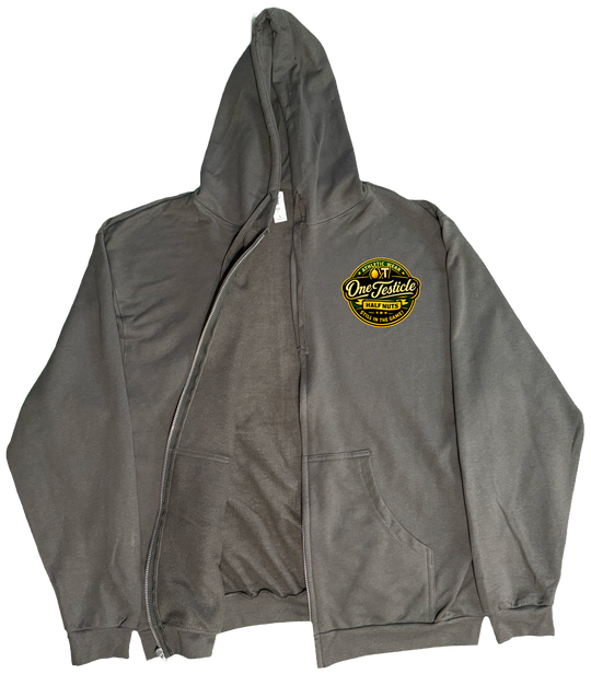 Front of Kback OT Half nuts graphic on a Zippered hoodie in Charcoal