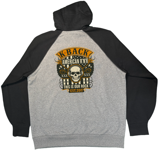 Front of 'Old-School Rocker' K-BACK Radio hoodie with a retro inspired music theme