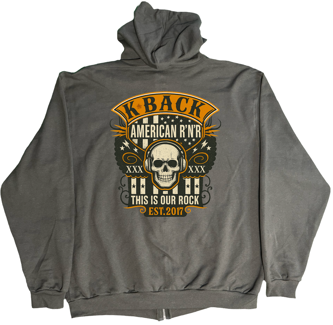 Back of Kback Oldschool rocker radio graphic on a Zippered hoodie in Charcoal