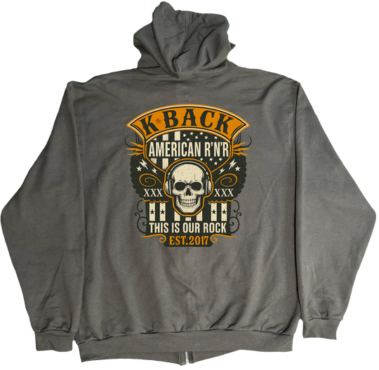 Back of Kback Oldschool rocker radio graphic on a Zippered hoodie in Charcoal