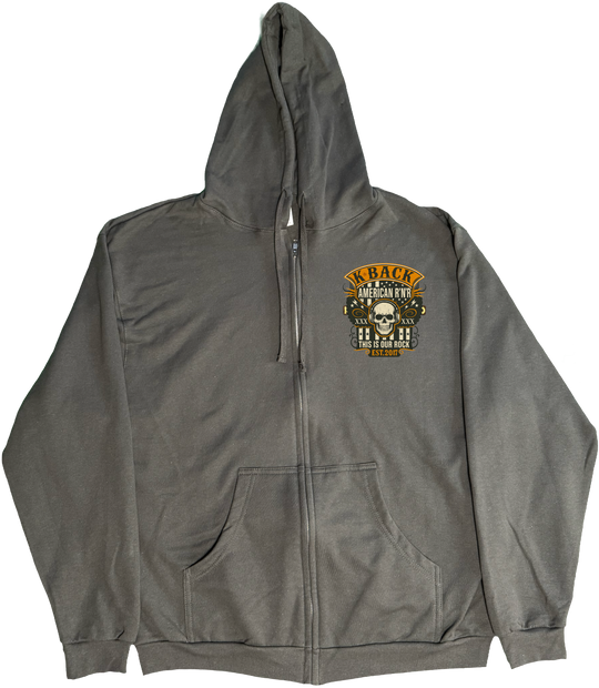 Front of Kback Oldschool rocker radio graphic on a Zippered hoodie in Charcoal