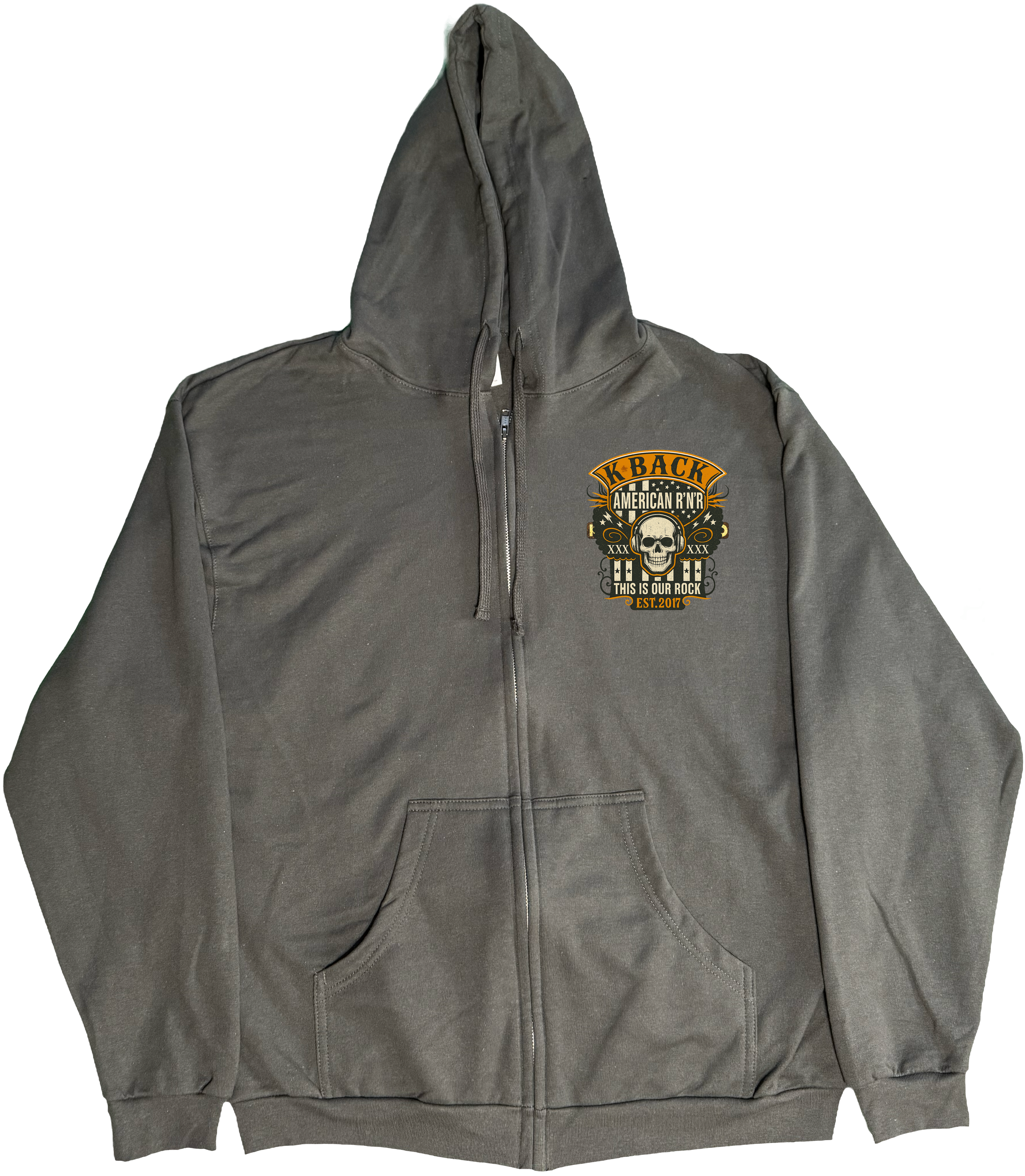 Front of Kback Oldschool rocker radio graphic on a Zippered hoodie in Charcoal