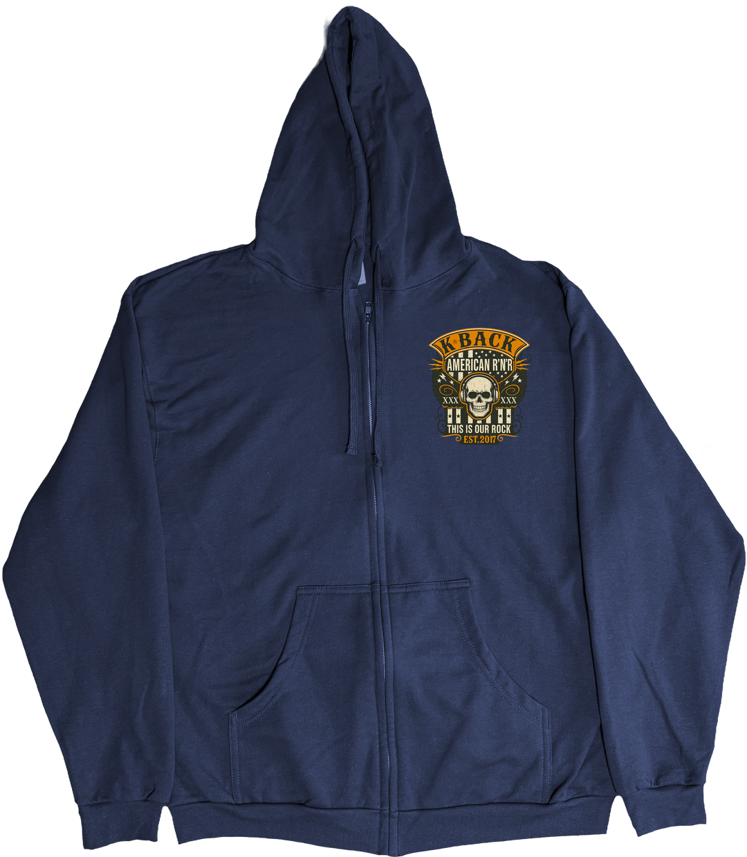 Front of Kback Oldschool rocker radio graphic on a Zippered hoodie in Navy