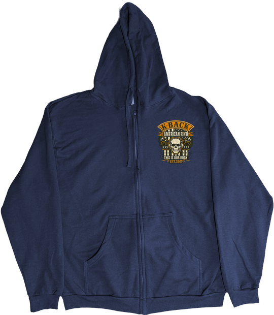 Front of Kback Oldschool rocker radio graphic on a Zippered hoodie in Navy