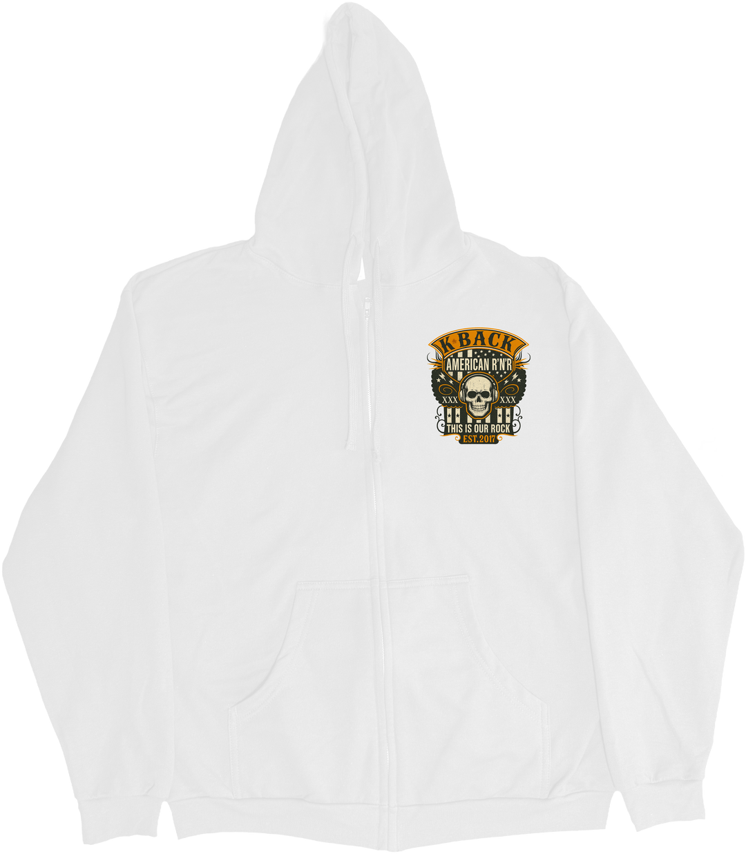 Front of Kback Oldschool rocker radio graphic on a Zippered hoodie in White