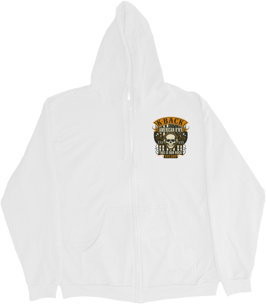 Front of Kback Oldschool rocker radio graphic on a Zippered hoodie in White