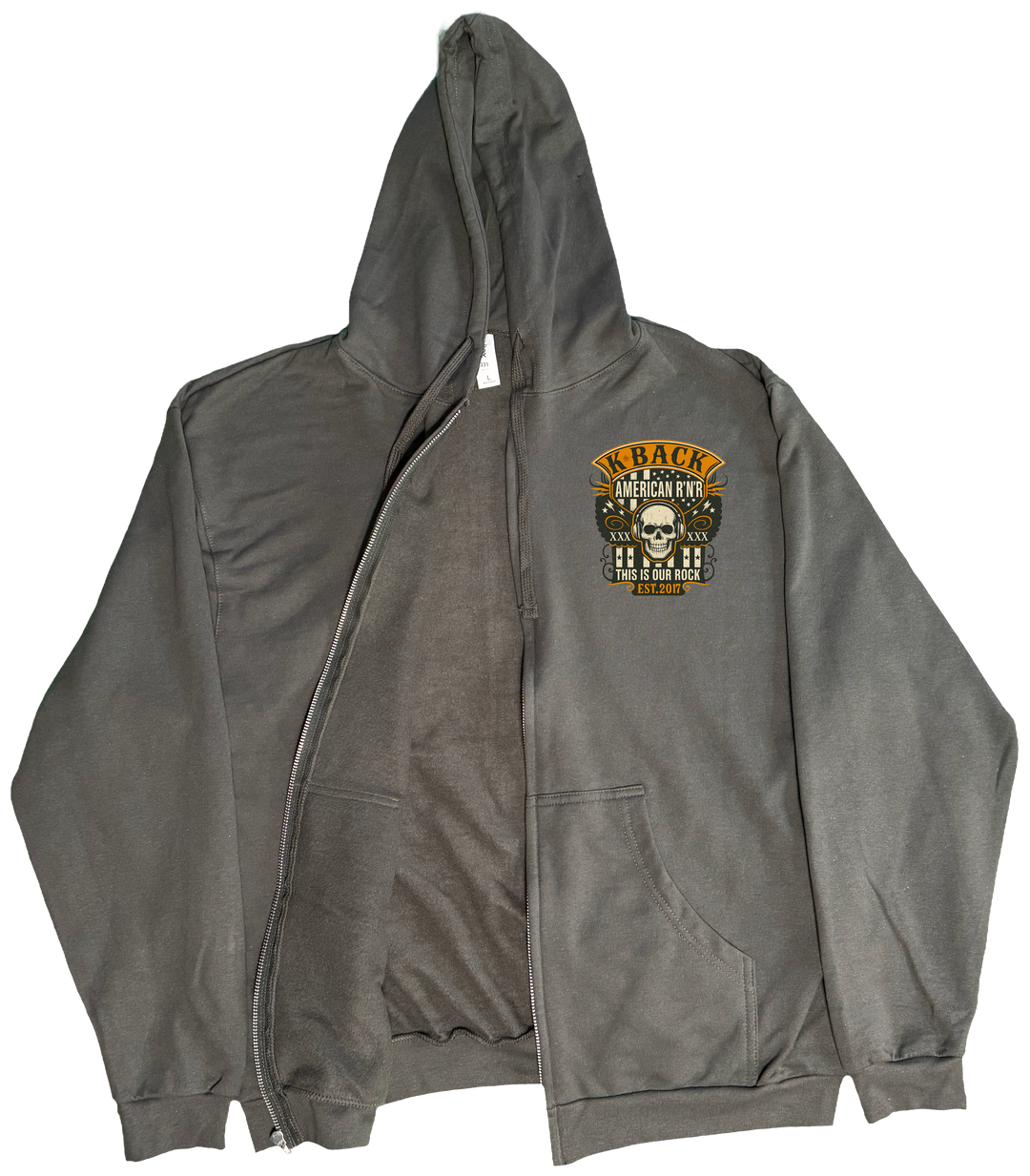 Front of Kback Oldschool rocker radio graphic on a Zippered hoodie in Charcoal