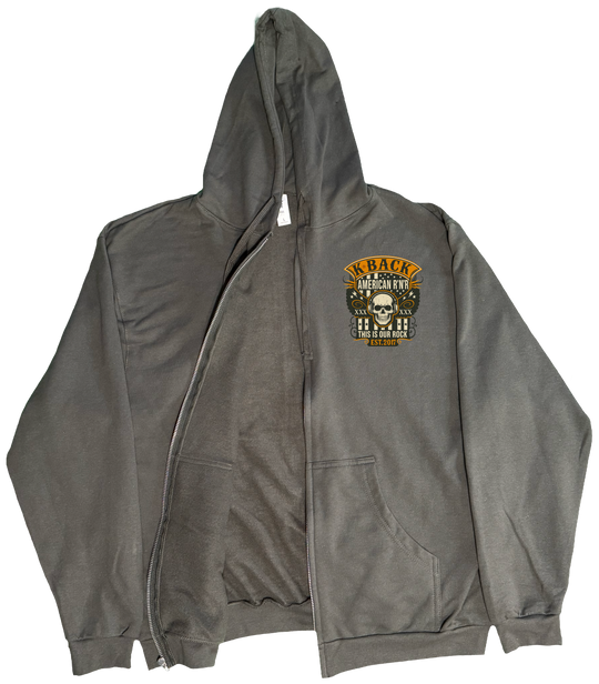 Front of Kback Oldschool rocker radio graphic on a Zippered hoodie in Charcoal