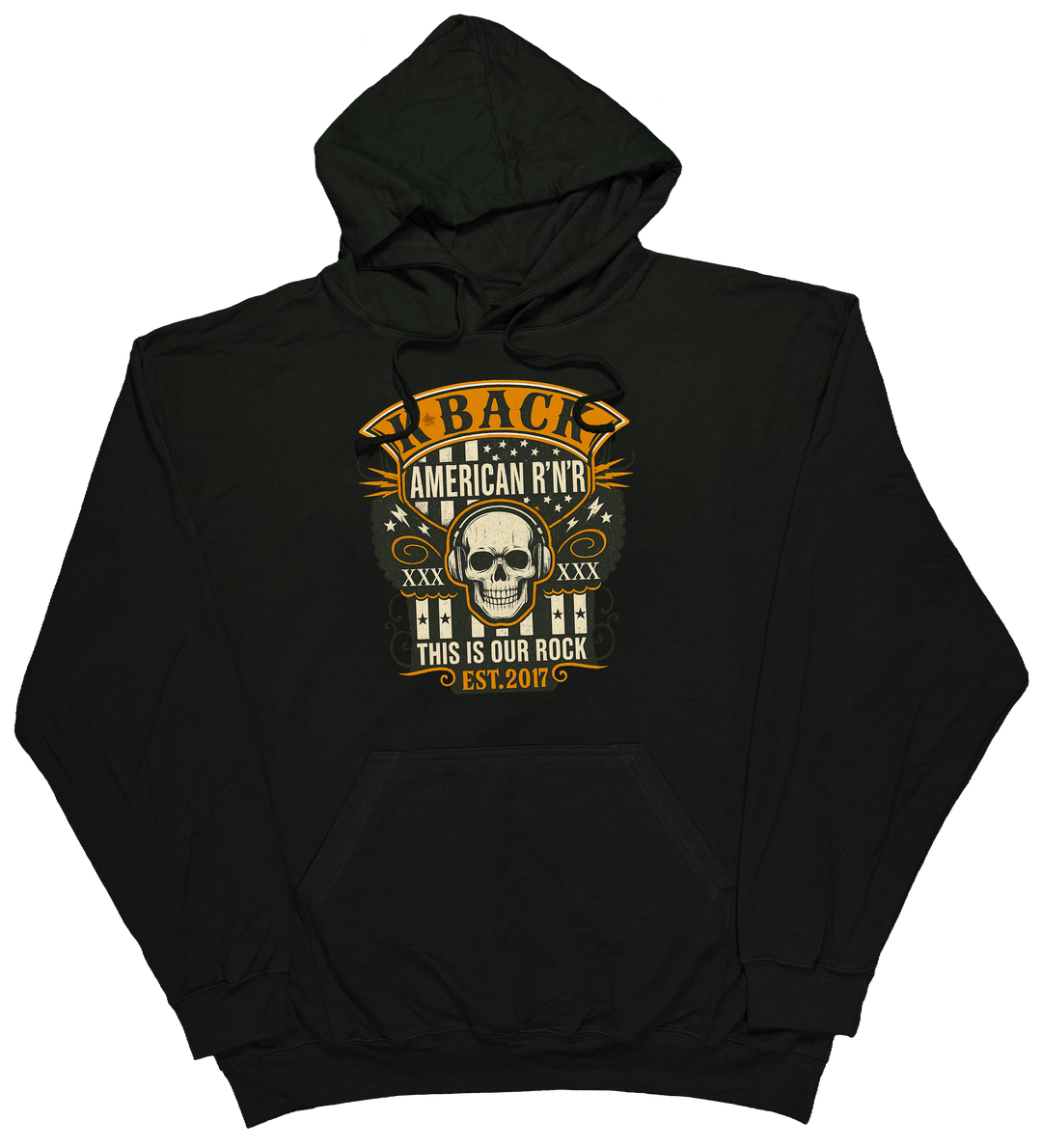 'Old-School Rocker' K-BACK Radio hoodie with a retro inspired music theme in Black