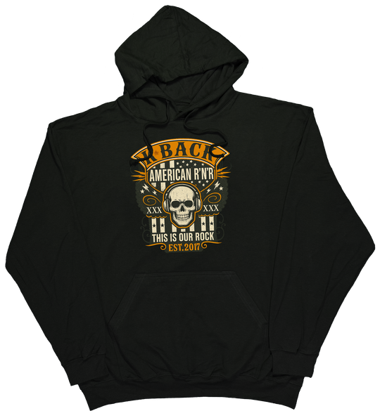 'Old-School Rocker' K-BACK Radio hoodie with a retro inspired music theme in Black