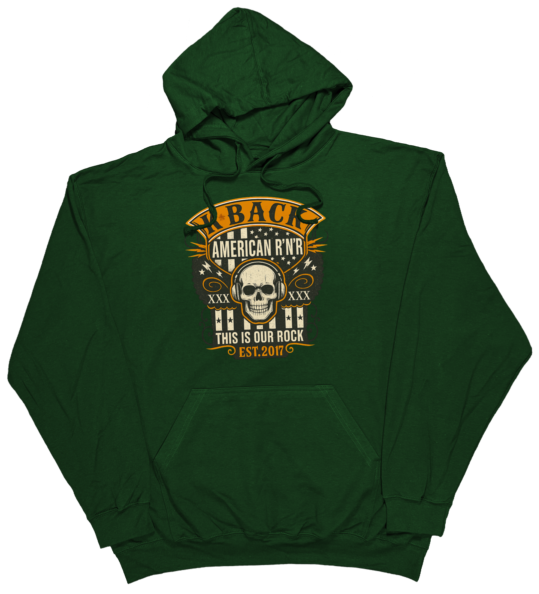 'Old-School Rocker' K-BACK Radio hoodie with a retro inspired music theme in Forest Green
