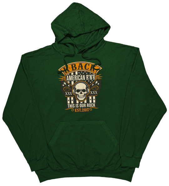 'Old-School Rocker' K-BACK Radio hoodie with a retro inspired music theme in Forest Green