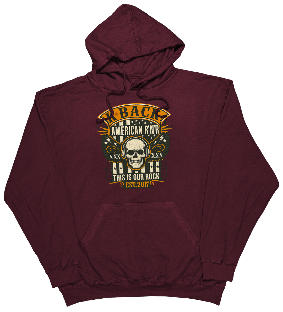 'Old-School Rocker' K-BACK Radio hoodie with a retro inspired music theme in Maroon