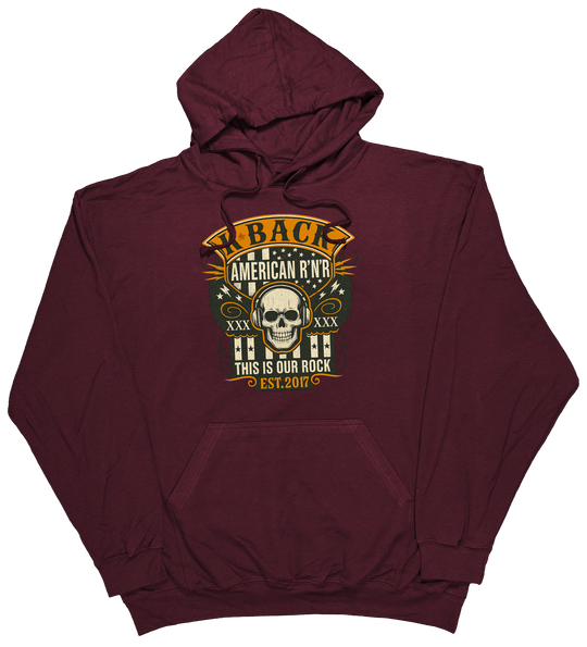 'Old-School Rocker' K-BACK Radio hoodie with a retro inspired music theme in Maroon