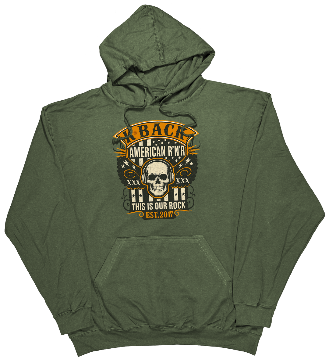 'Old-School Rocker' K-BACK Radio hoodie with a retro inspired music theme in Military Green