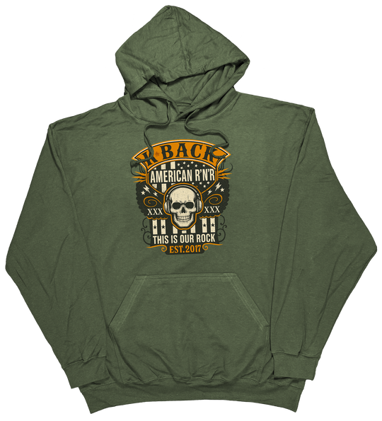 'Old-School Rocker' K-BACK Radio hoodie with a retro inspired music theme in Military Green