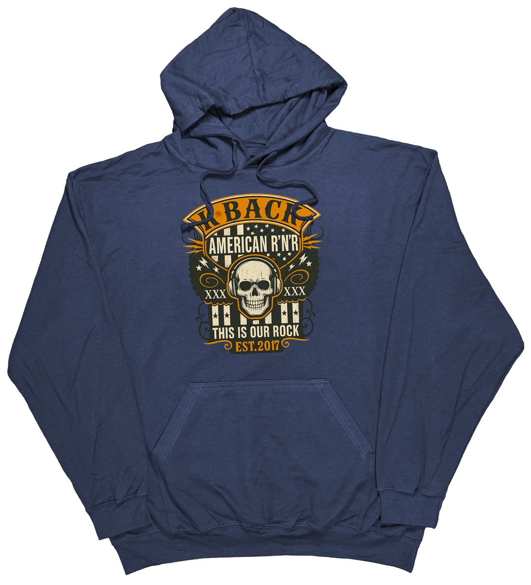 'Old-School Rocker' K-BACK Radio hoodie with a retro inspired music theme in navy