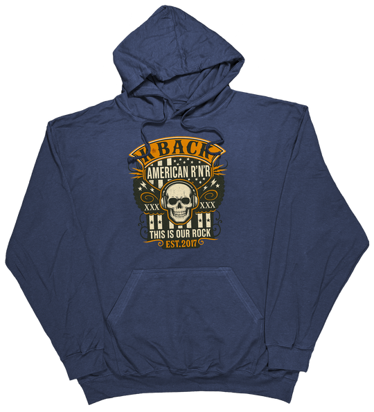 'Old-School Rocker' K-BACK Radio hoodie with a retro inspired music theme in navy
