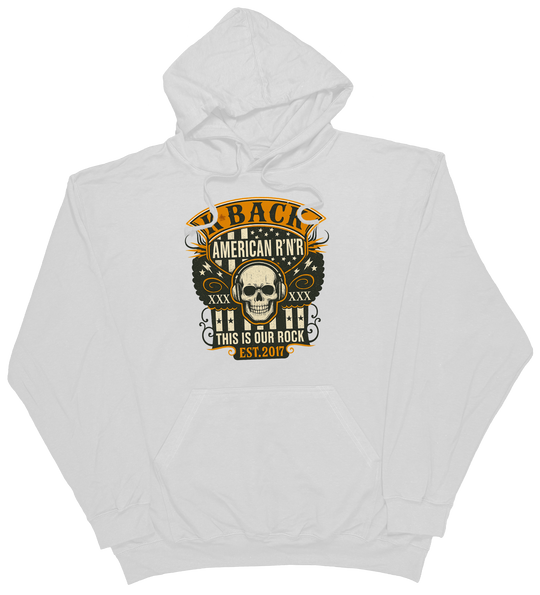 'Old-School Rocker' K-BACK Radio hoodie with a retro inspired music theme in White