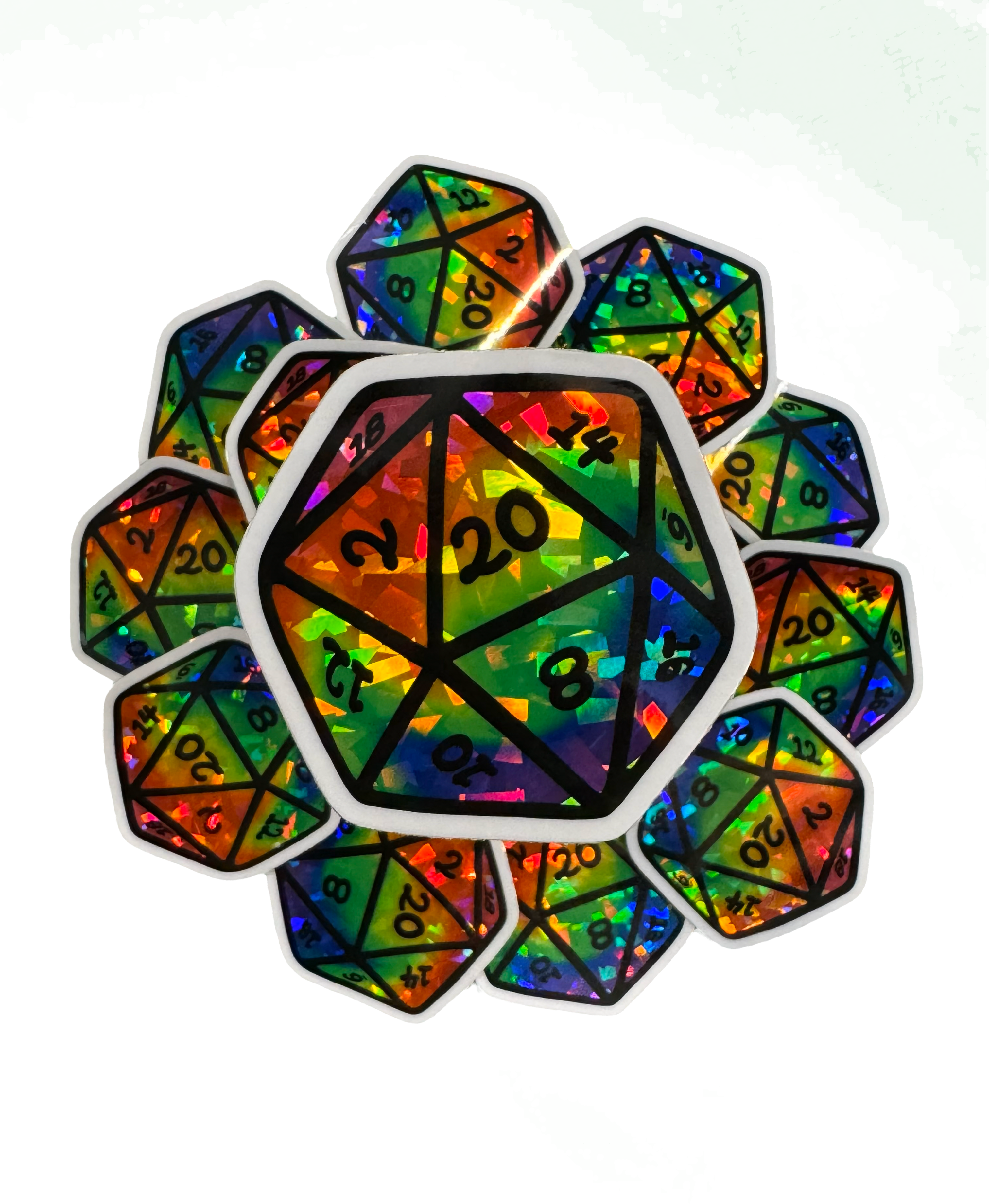 Colorful Rainbow Swirl D20 dice sticker, holographic prisms fantasy art for DnD players and tabletop gamers.
