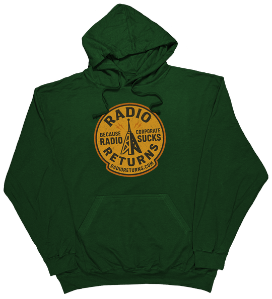 Radio Returns design on a comfortable hoodie, featuring artist-designed graphics in Forest Green