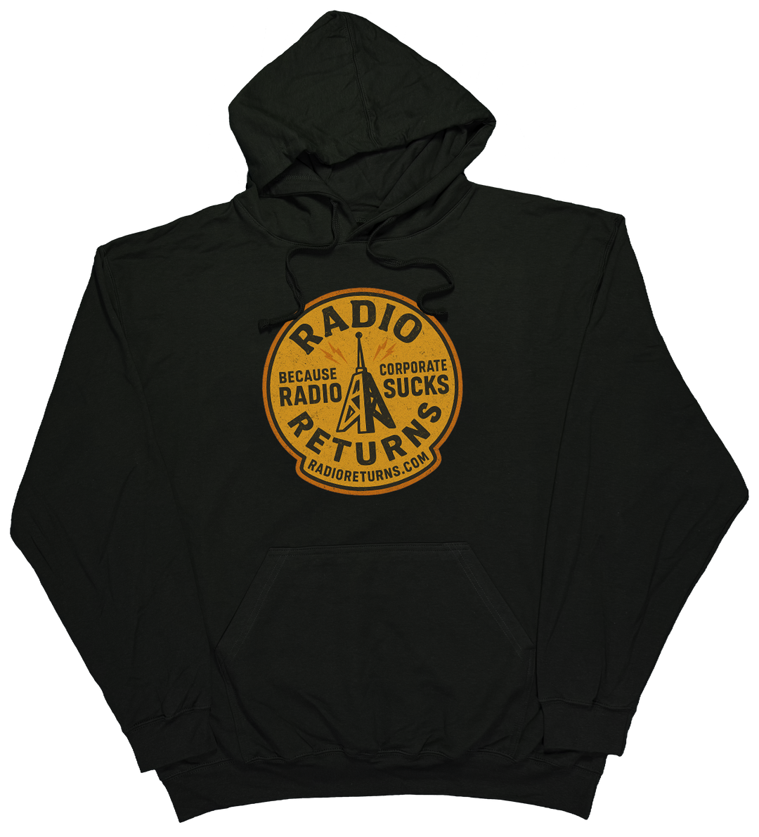 Radio Returns design on a comfortable hoodie, featuring artist-designed graphics in Black
