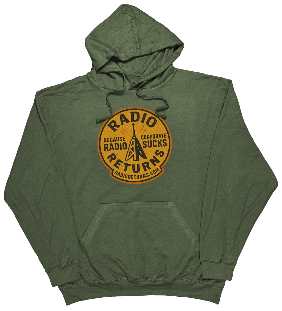 Radio Returns design on a comfortable hoodie, featuring artist-designed graphics in Military Green