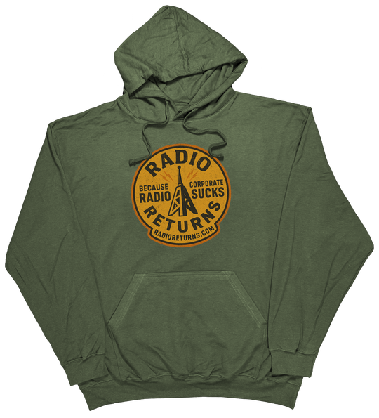 Radio Returns design on a comfortable hoodie, featuring artist-designed graphics in Military Green