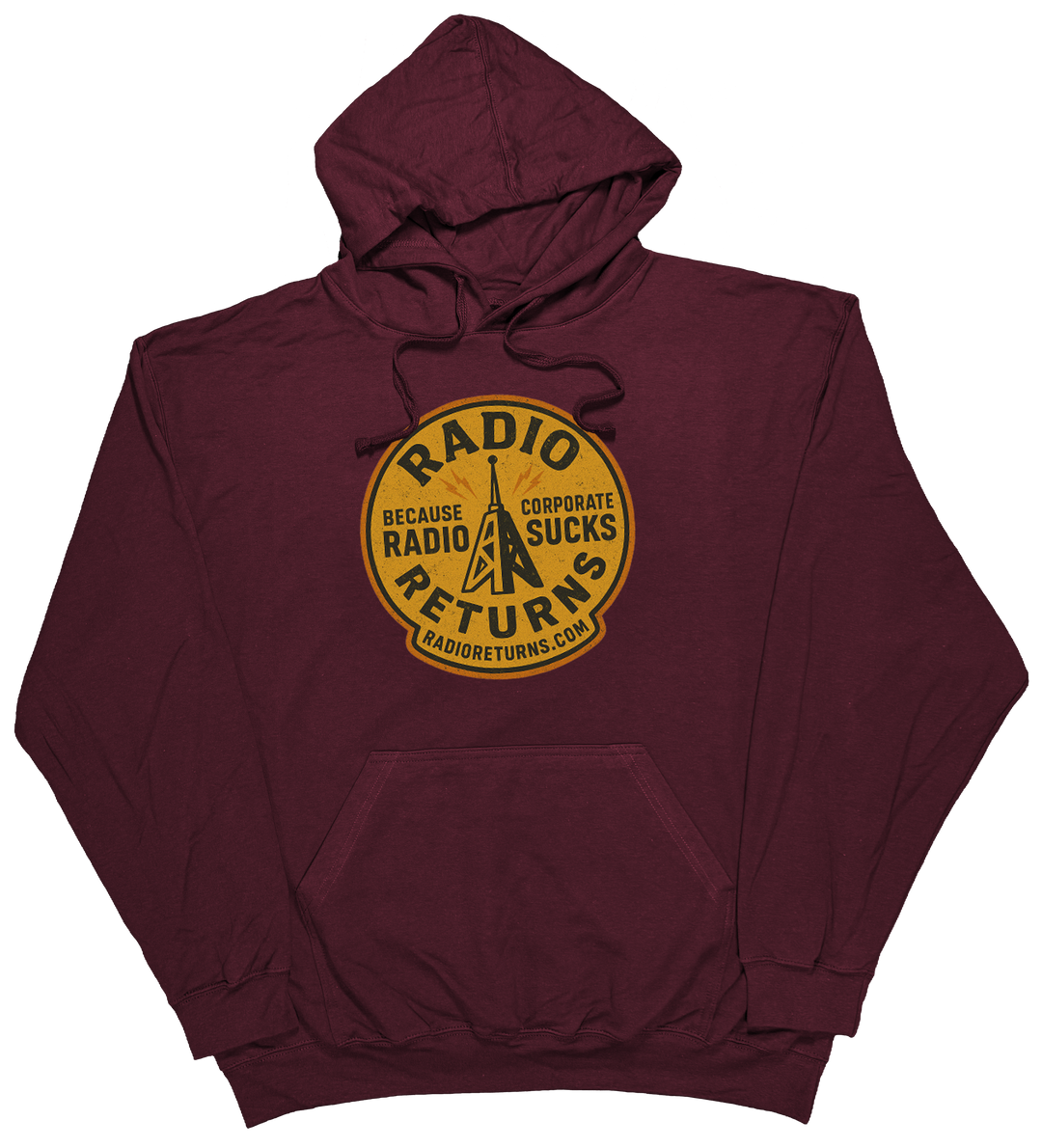 Radio Returns design on a comfortable hoodie, featuring artist-designed graphics in Maroon