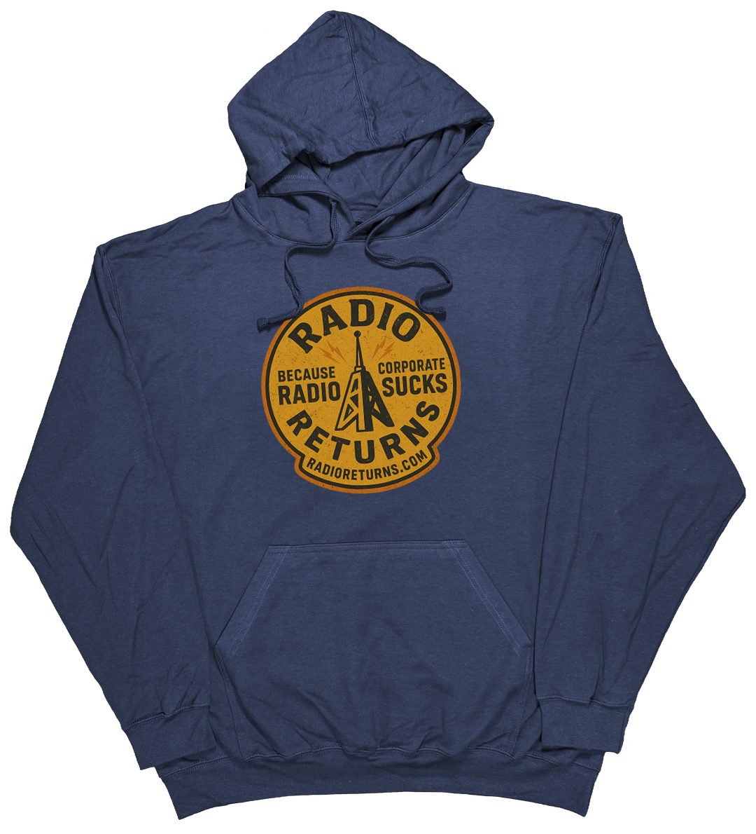 Radio Returns design on a comfortable hoodie, featuring artist-designed graphics in Navy