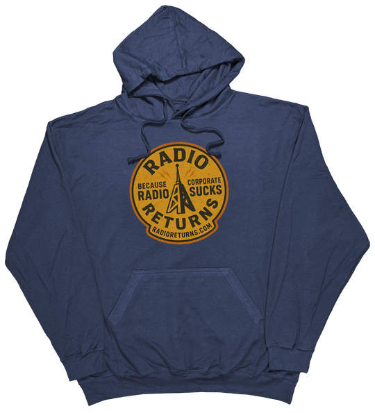 Radio Returns design on a comfortable hoodie, featuring artist-designed graphics in Navy