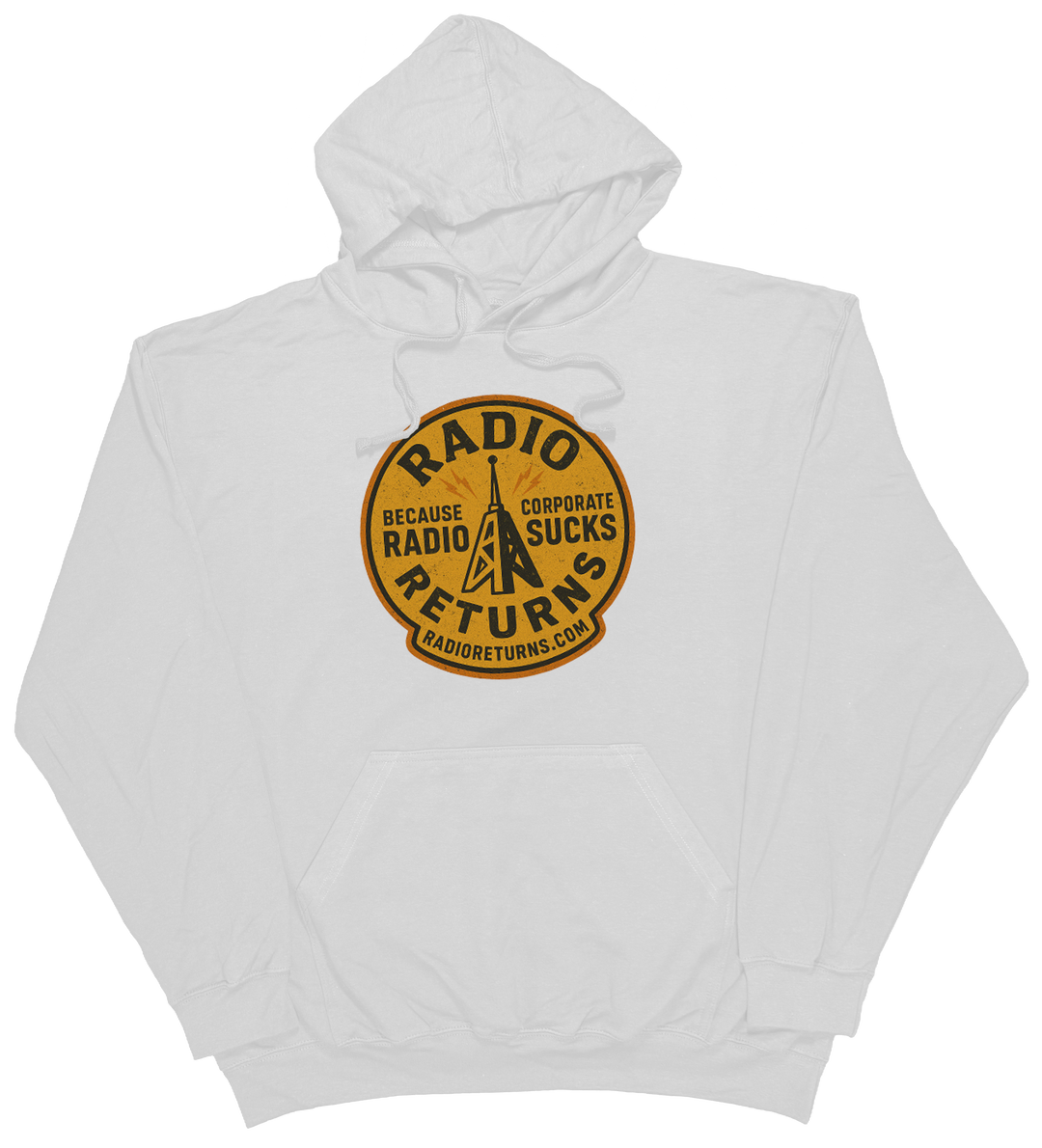 Radio Returns design on a comfortable hoodie, featuring artist-designed graphics in White