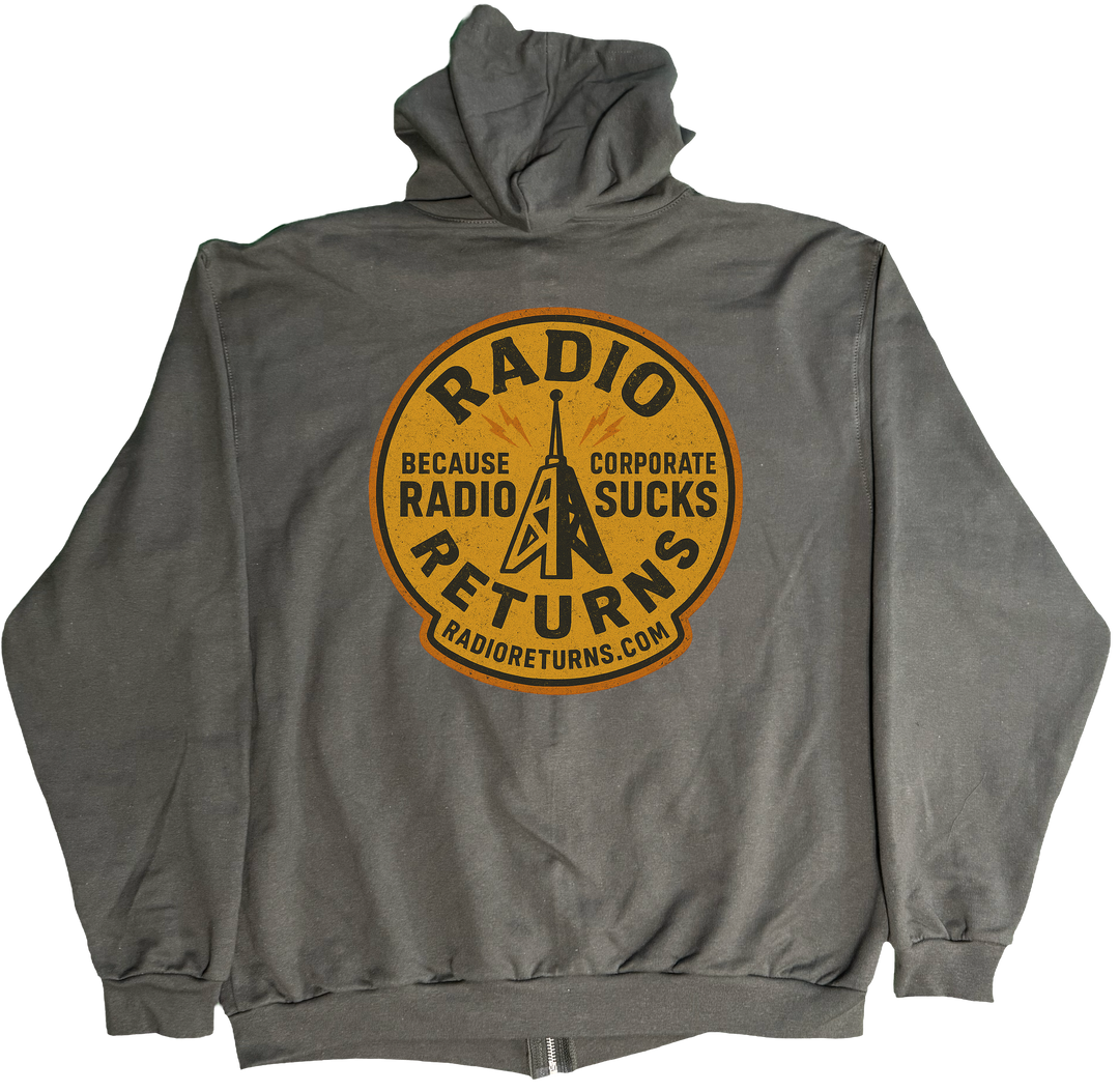 back of Kback Radio Returns graphic on a Zippered hoodie in Charcoal