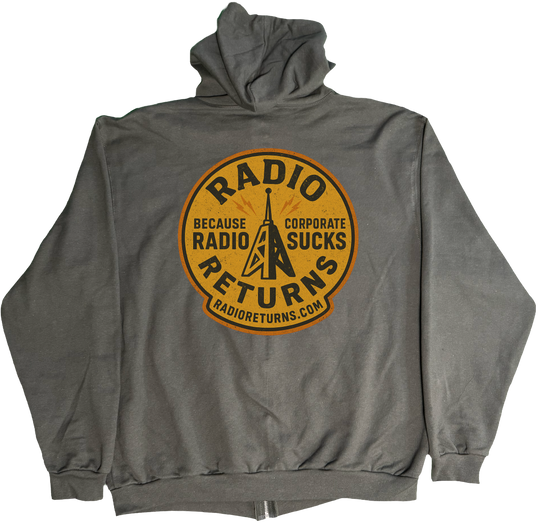 back of Kback Radio Returns graphic on a Zippered hoodie in Charcoal