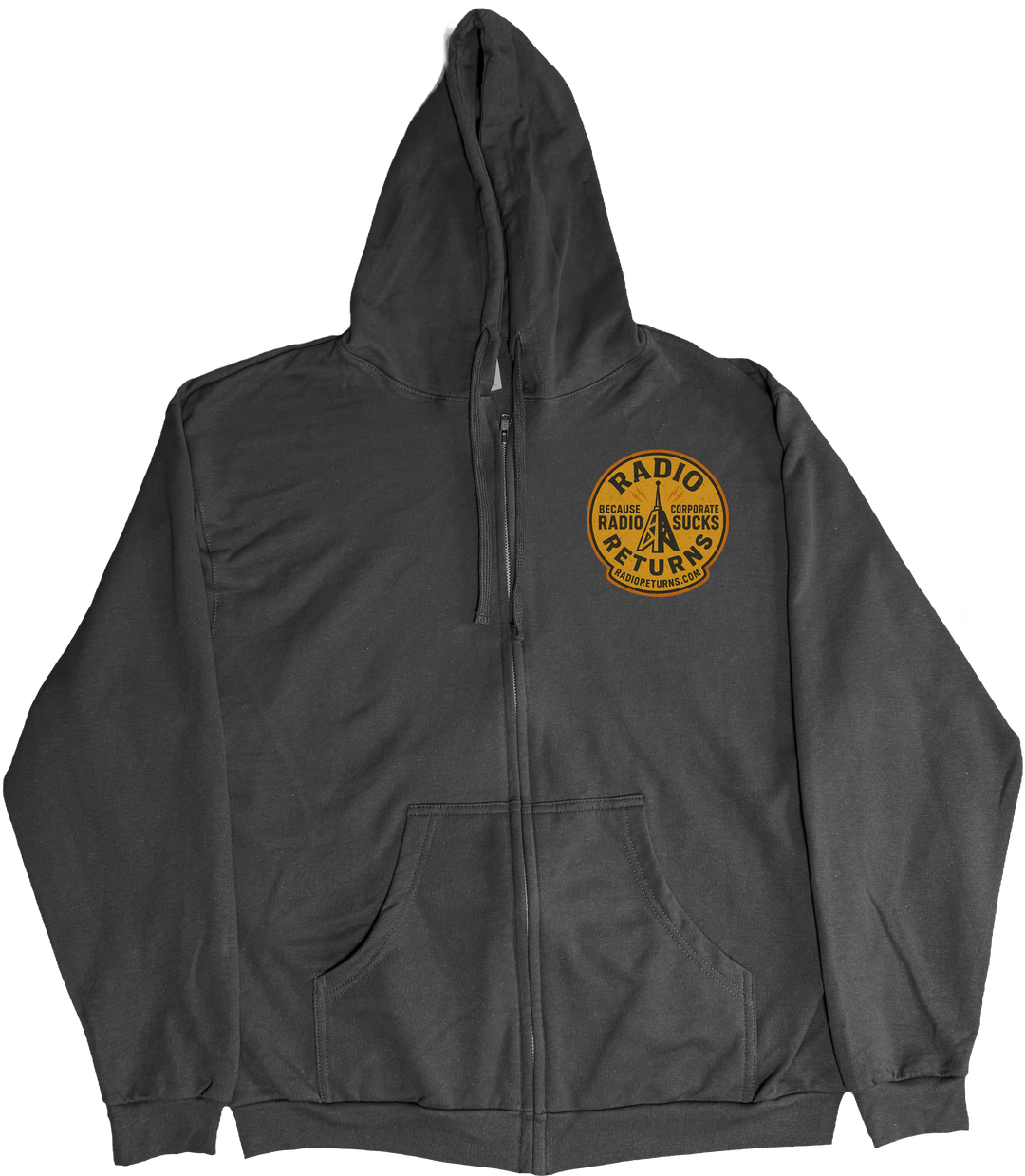 Front of Kback Radio Returns graphic on a Zippered hoodie in Black