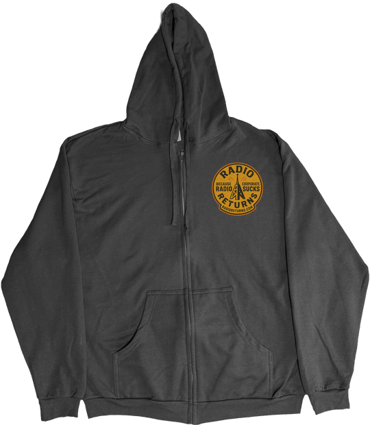Front of Kback Radio Returns graphic on a Zippered hoodie in Black