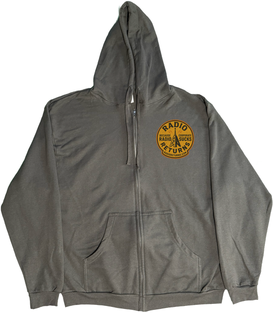 Front of Kback Radio Returns graphic on a Zippered hoodie in Charcoal